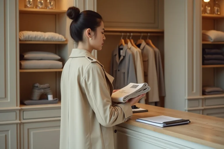 Femme effectuant un retour de vêtement au comptoir d'une boutique parisienne élégante avec formulaire de retour
