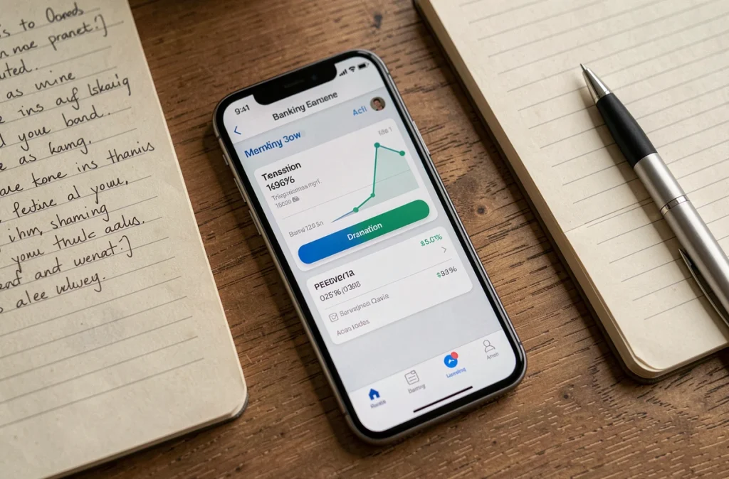 Gros plan sur un smartphone affichant une application bancaire avec un prélèvement Digital Global Pass identifié et des notes manuscrites pour le remboursement