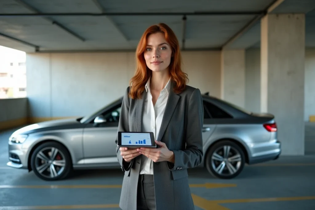 Stratège digitale analysant les performances YouTube d'une chaîne automobile dans un parking urbain moderne