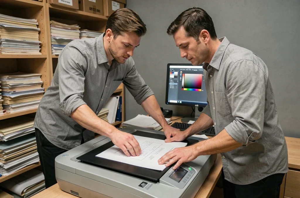 Technicien plaçant un document papier dans un scanner professionnel dans une salle de numérisation avec logiciel Epsilon Scan Soft ouvert à l'écran