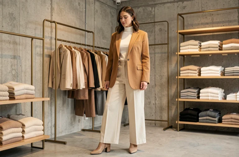 Femme élégante en blazer camel et pantalon large dans une boutique de mode minimaliste à Paris