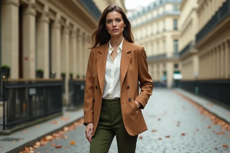 Femme élégante en blazer camel et pantalon vert olive dans une rue pavée parisienne, tendances mode automne 2024