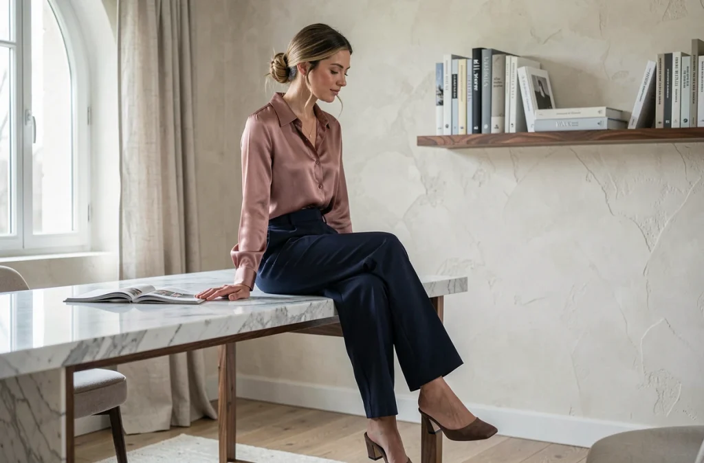 Femme tendance en pantalon large marine et blouse en satin assise dans un bureau moderne et élégant