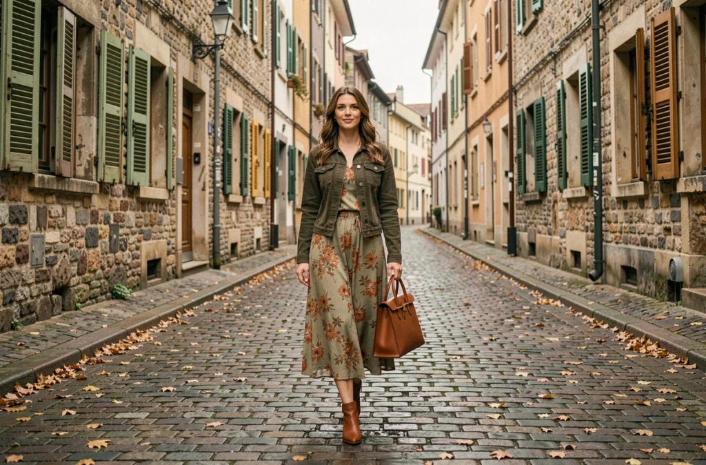Femme en robe fleurie et veste en jean marchant dans une rue pavée européenne en automne