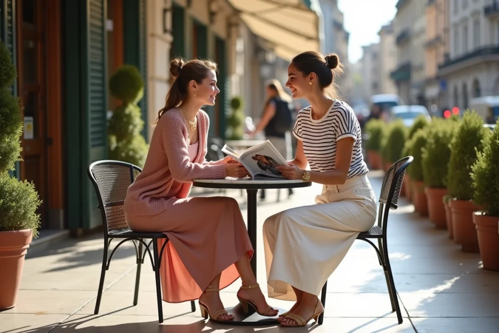 Deux femmes tendance en tenue mode 2024 consultent un magazine de mode en terrasse de café parisien