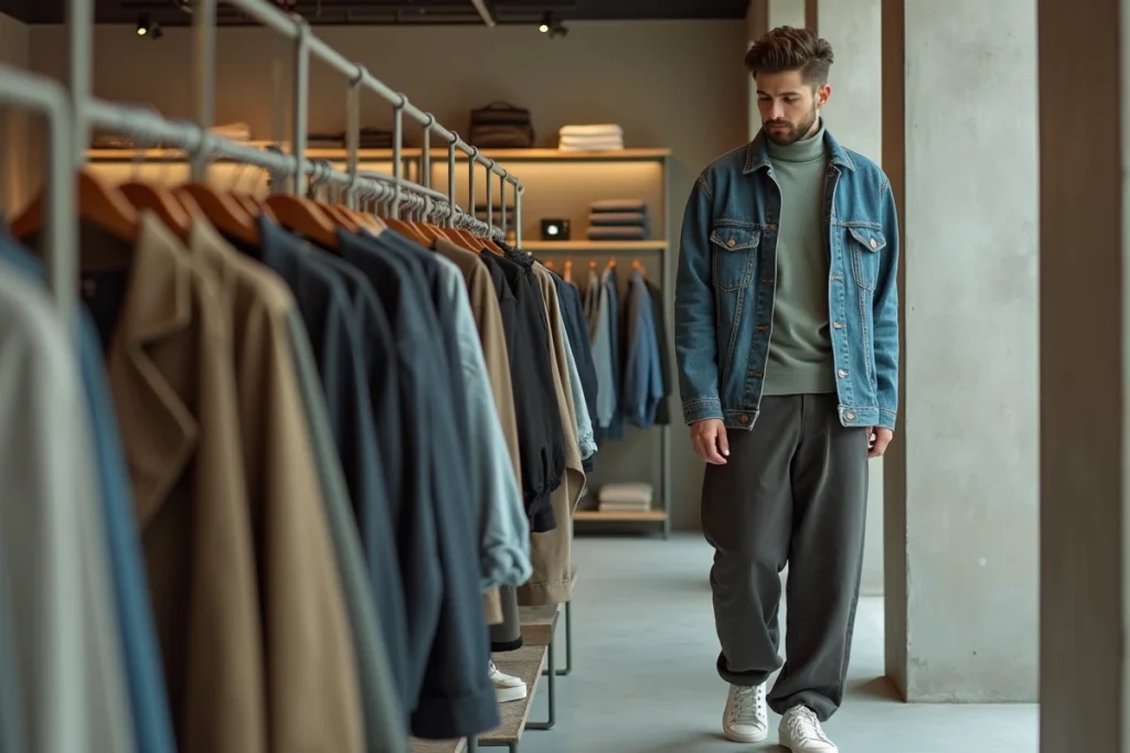 Homme en veste en jean et col roulé sauge explorant un concept store minimaliste, inspirations mode homme 2024