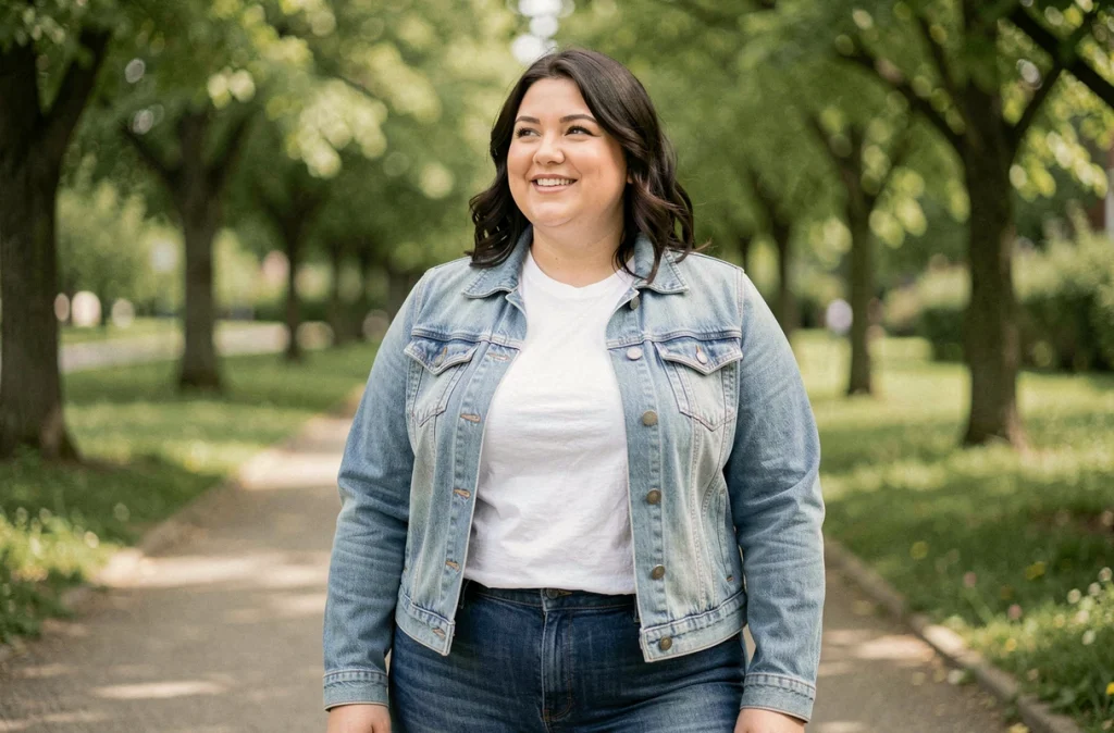Femme adulte confiante debout dans un parc en plein air, symbolisant la transformation personnelle et la résilience au quotidien