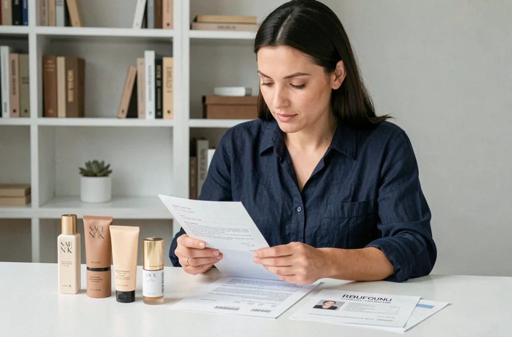 Femme vérifiant sa commande Space NK et le formulaire de retour produit beauté