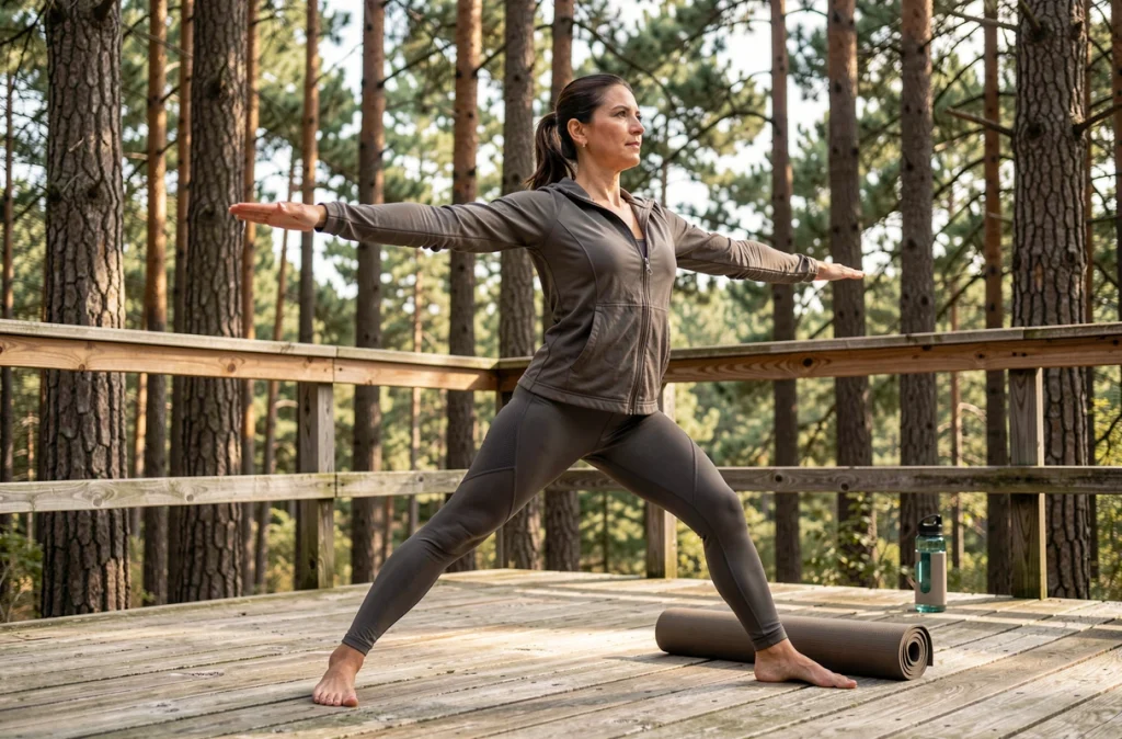 Femme pratiquant le yoga en plein air dans une forêt de pins, activité de bien-être et loisir nature