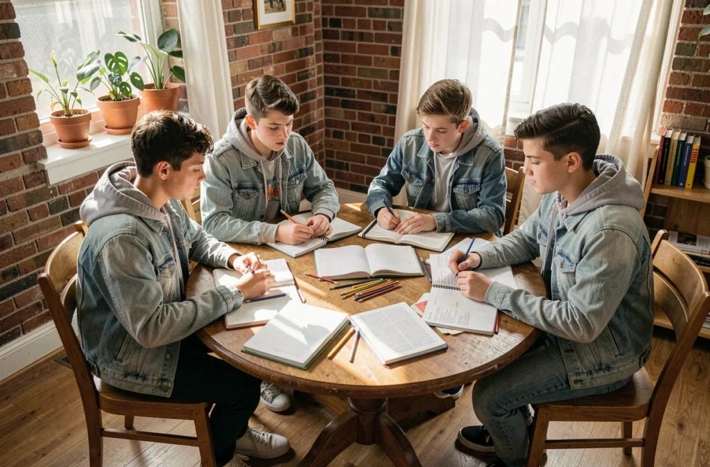 Adolescents défavorisés travaillant ensemble sur des devoirs scolaires dans une salle d'étude associative