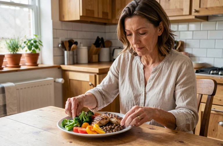 Femme préparant une assiette équilibrée pendant un traitement corticoïde, riche en légumes et protéines maigres