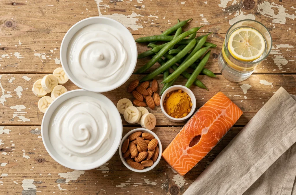 Sélection d'aliments recommandés pendant un traitement à la cortisone : yaourt, saumon, amandes et légumes frais