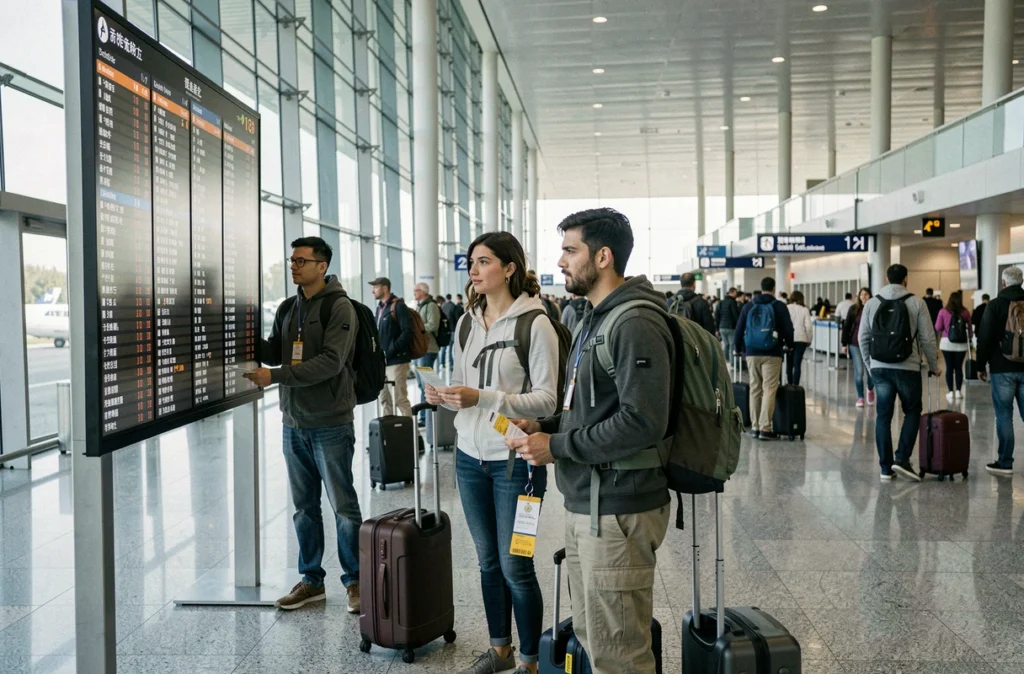 Deux amis voyageurs consultant les départs dans un terminal d'aéroport international moderne
