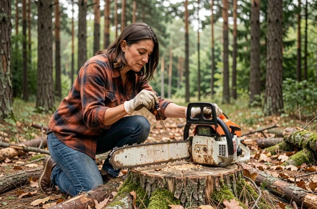 Femme appliquant une huile de chaîne écologique maison sur une tronçonneuse posée sur une souche en forêt