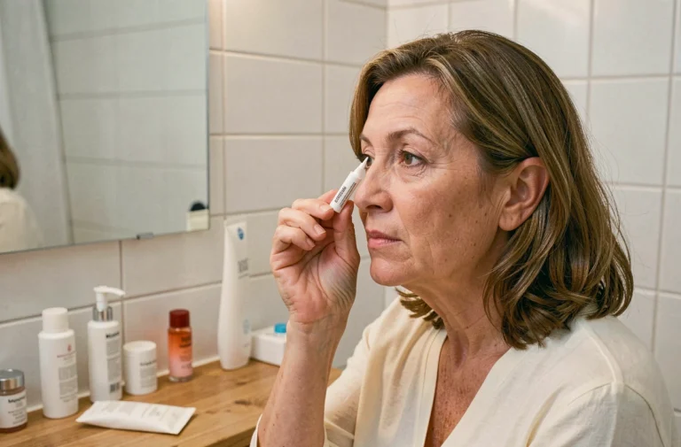 Femme appliquant une pommade ophtalmique Sterdex près de son œil devant un miroir de salle de bain
