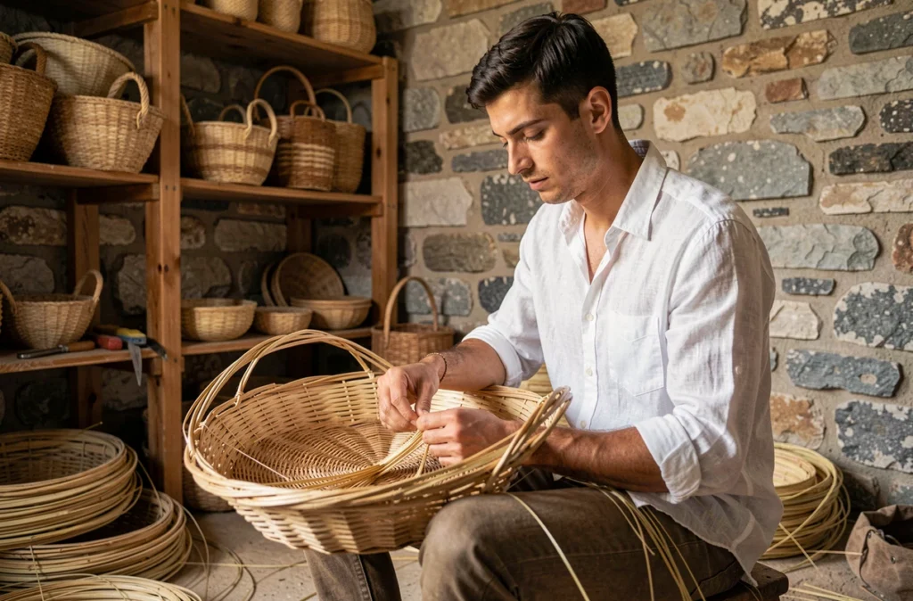 Artisan grec tressant un panier traditionnel en roseau dans un atelier d'artisanat authentique à Corinthe