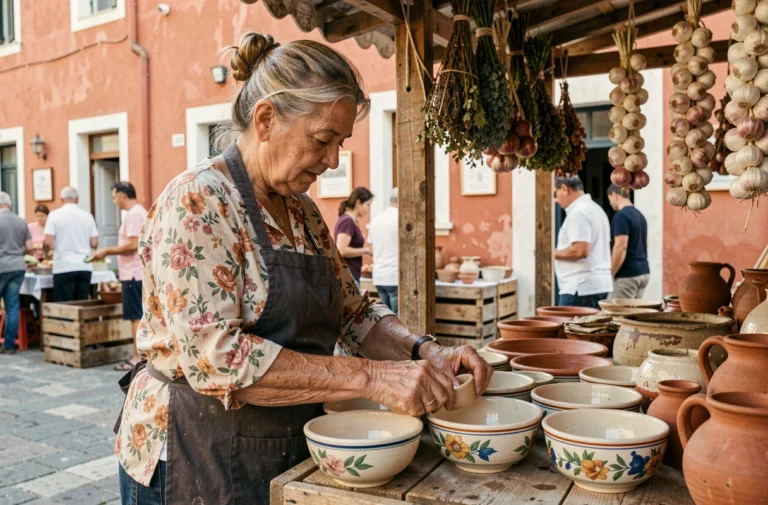 Artisane grecque arrangeant des céramiques peintes à la main sur un étal de marché traditionnel à Corinthe