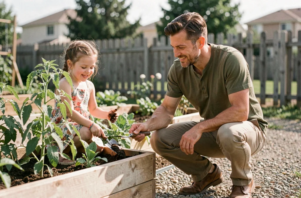 Bénévole accompagnant une jeune fille orpheline dans un jardin potager communautaire pour son épanouissement