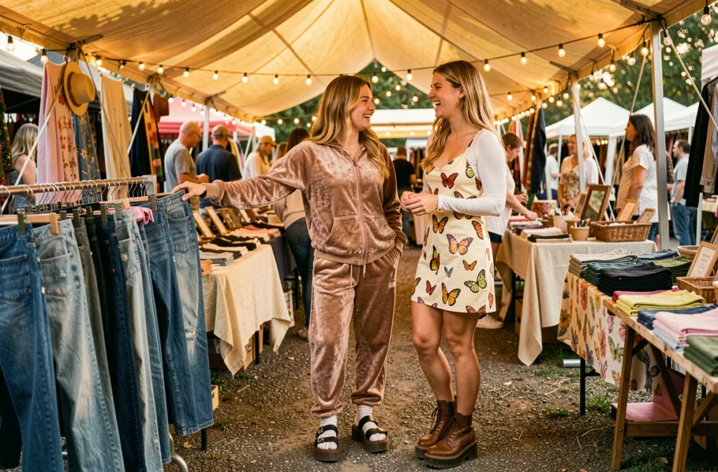 Deux jeunes femmes en tenues Y2K années 2000 dont un jogging Juicy Couture et une robe slip dress à un marché aux puces vintage en plein air
