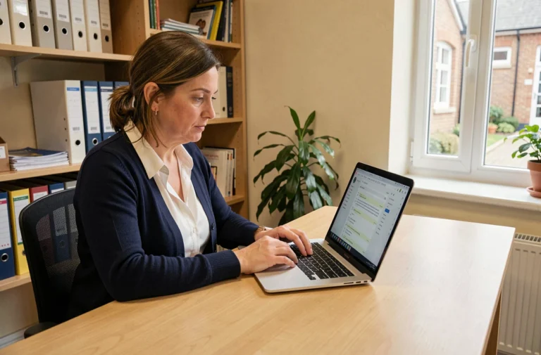 Enseignante accédant à son webmail académique de Dijon sur un ordinateur portable dans un bureau scolaire