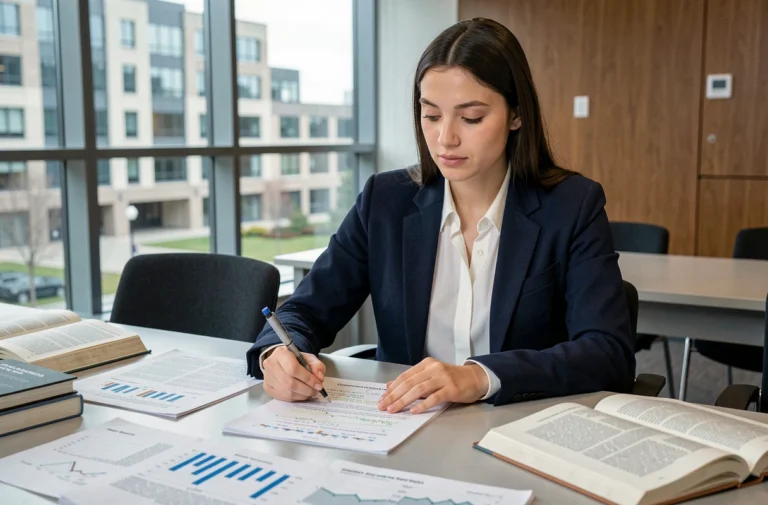 Étudiante en master finance El Karoui révisant des cours de mathématiques financières dans une salle de séminaire universitaire moderne