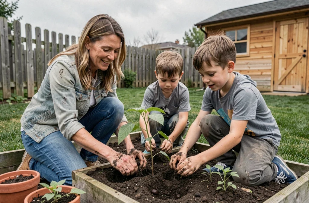 Mère et ses deux fils faisant du jardinage ensemble dans un jardin pavillonnaire avec bacs de culture en bois