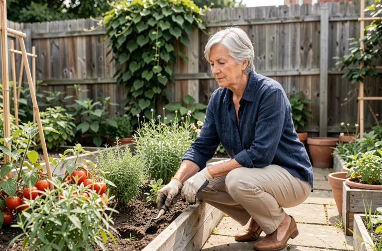 Femme retraitée aux cheveux argentés qui jardine dans son potager, activité épanouissante pour bien vivre sa retraite