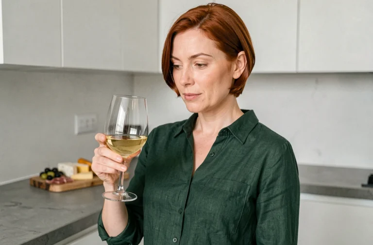 Femme tenant un verre de vin blanc dans une cuisine moderne, illustrant le choix d'alcools compatibles avec un régime cétogène