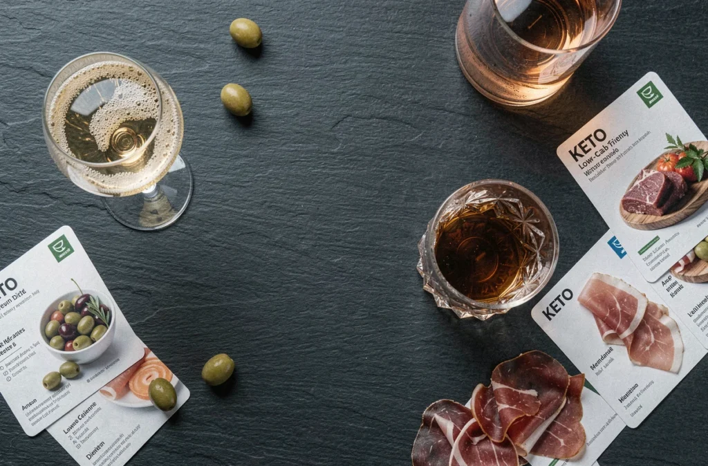Flat-lay de verres d'alcools compatibles keto incluant champagne, whisky et rosé sec sur ardoise noire, avec charcuterie et notes diététiques