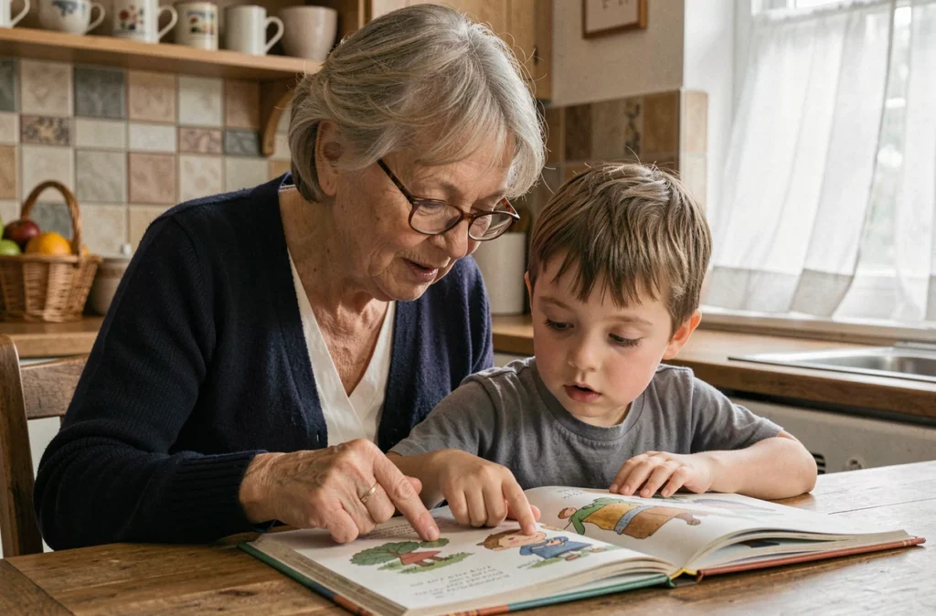 Grand-mère et petit-fils lisant ensemble un livre illustré à la table de la cuisine, moment de partage intergénérationnel