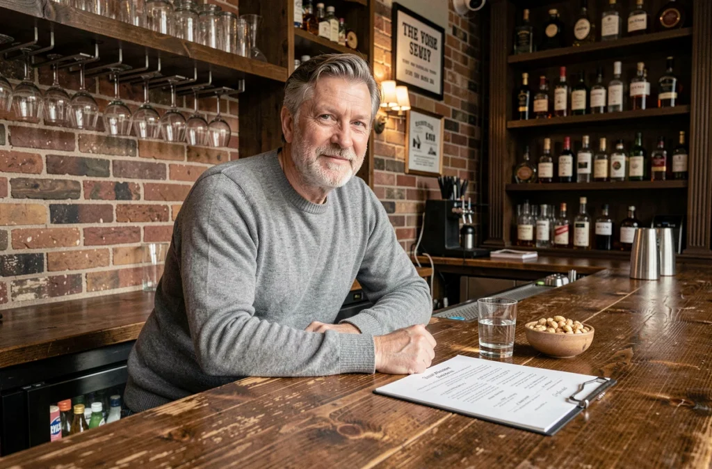 Homme attablé dans un bar avec un verre de spiritueux clairs et des noix, pour illustrer les alcools keto-compatibles à faible teneur en glucides