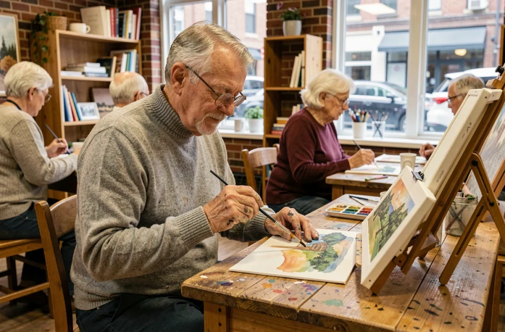 Homme retraité pratiquant la peinture aquarelle dans un atelier communautaire, activité créative pour s'épanouir à la retraite