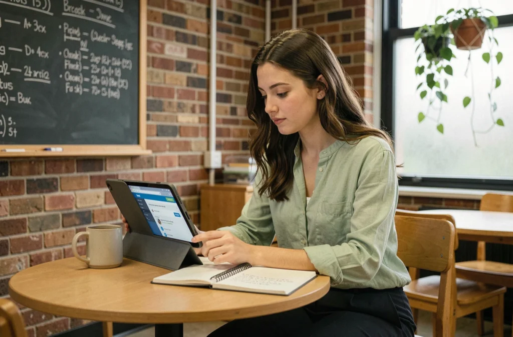 Jeune enseignante consultant le webmail de l'académie de Dijon sur une tablette dans une salle de pause scolaire