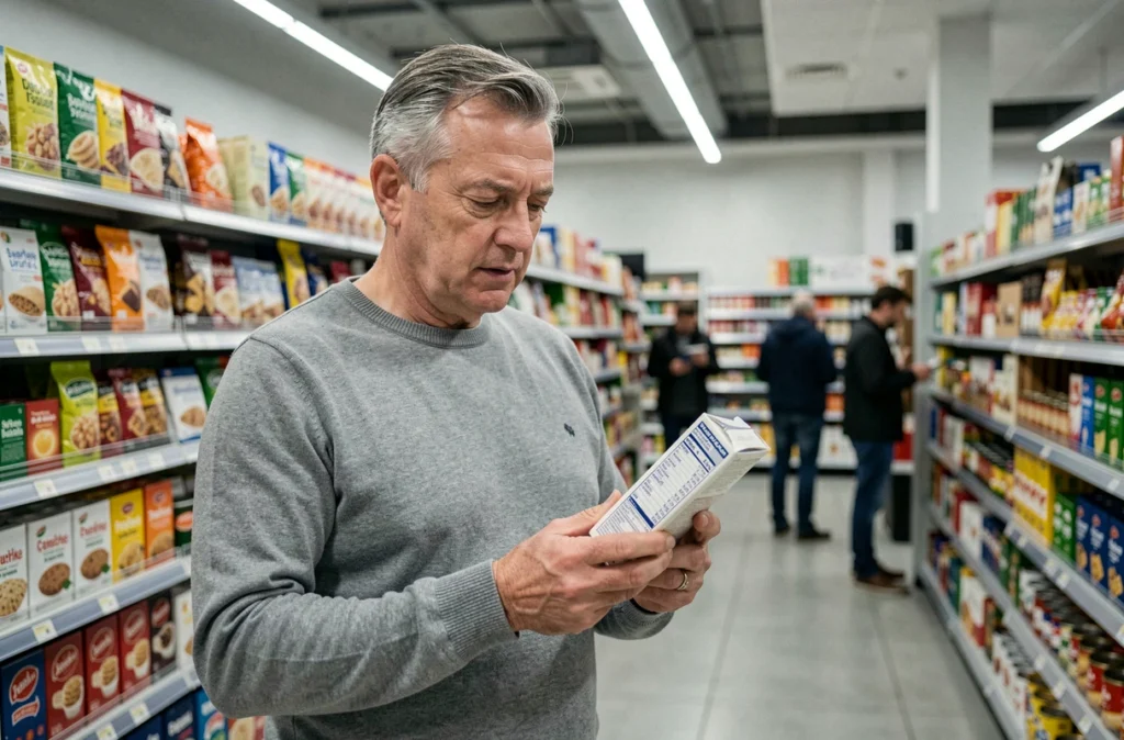 Homme lisant les étiquettes nutritionnelles en supermarché pour adapter son alimentation sous corticoïdes