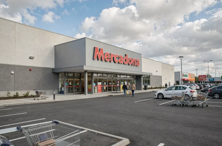Façade extérieure d'un magasin Mercadona dans une zone commerciale française avec parking et clients