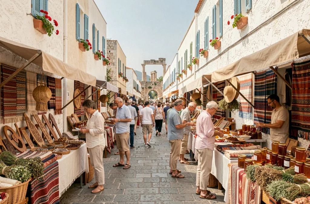 Vue panoramique d'un marché de rue animé à Corinthe avec des étals d'artisanat, textiles et produits locaux