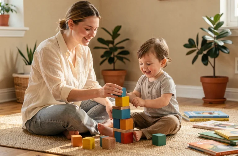 Mère et enfant en bas âge jouant ensemble avec des cubes en bois colorés sur un tapis dans un salon chaleureux