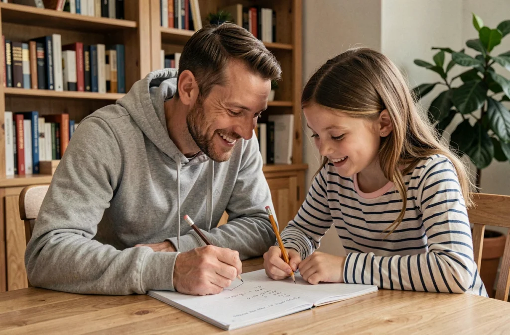 Père aidant sa fille aux devoirs dans un coin bureau familial chaleureux avec bibliothèque en bois
