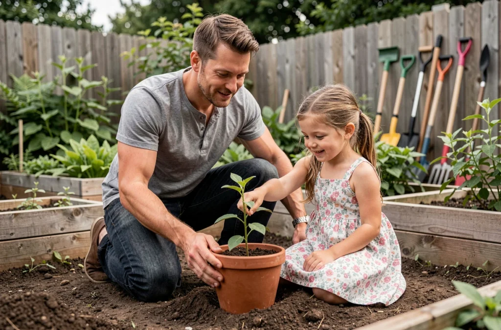 Père et fillette observant une plante en pot dans un jardin verdoyant, activité d'éveil nature en plein air