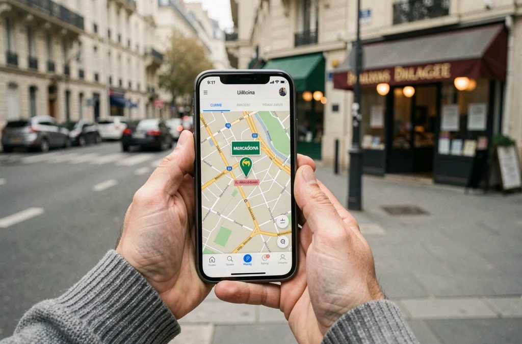 Homme cherchant un magasin Mercadona sur une carte interactive depuis son smartphone dans une rue française