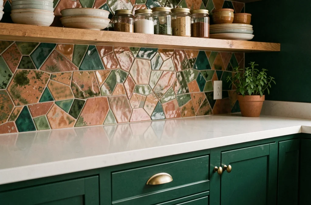 Cuisine rénovée avec armoires vert forêt, plan de travail en quartz blanc et crédence en zellige terracotta fait main