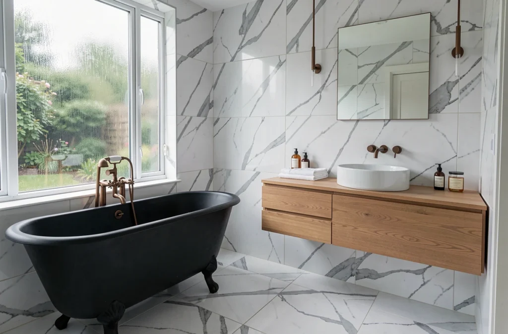 Salle de bain rénovée avec baignoire îlot en fonte noire, carrelage en marbre de Carrare et meuble vasque en frêne brossé