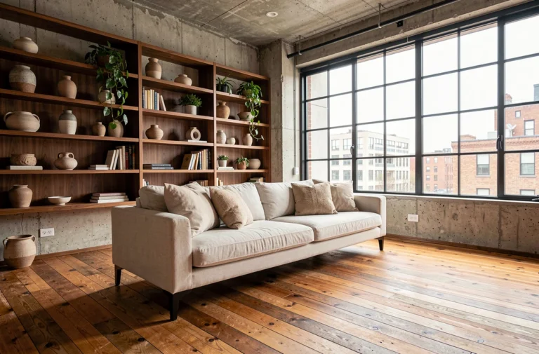 Salon rénové en style industriel avec murs en béton apparent, parquet en chêne massif et bibliothèque encastrée en noyer