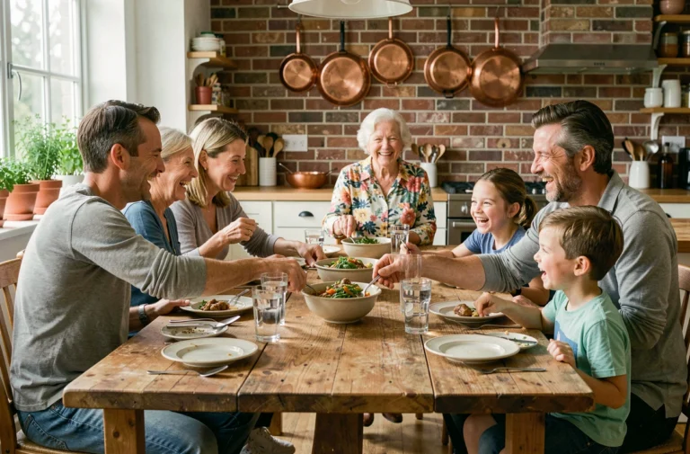 Famille multigénérationnelle réunie autour d'un repas du dimanche dans une cuisine chaleureuse avec mur en briques apparentes