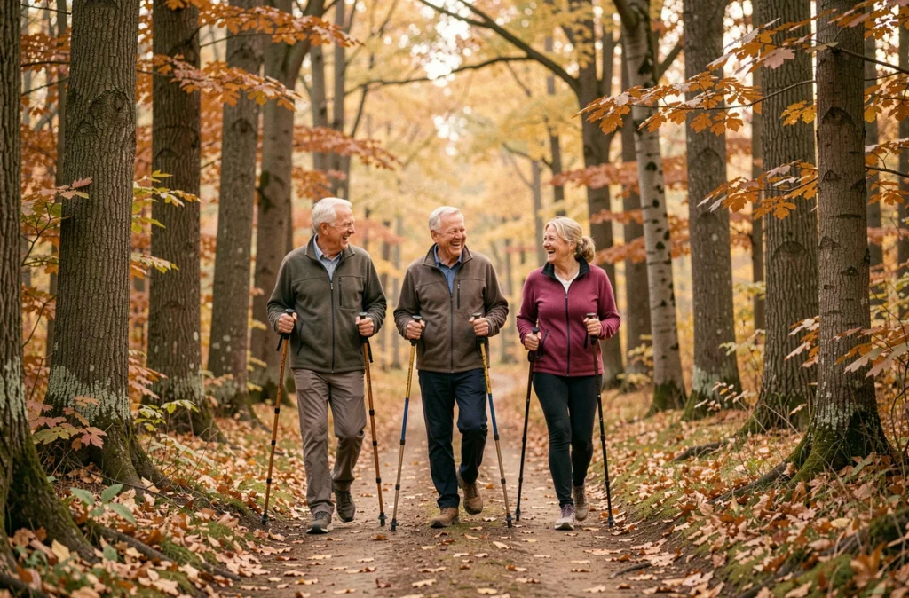 Groupe de seniors en randonnée en forêt en automne, activité physique recommandée pour rester actif à la retraite