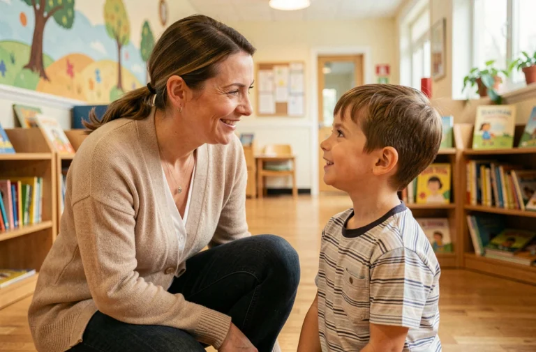 Travailleuse sociale bienveillante soutenant un enfant orphelin dans un centre communautaire chaleureux