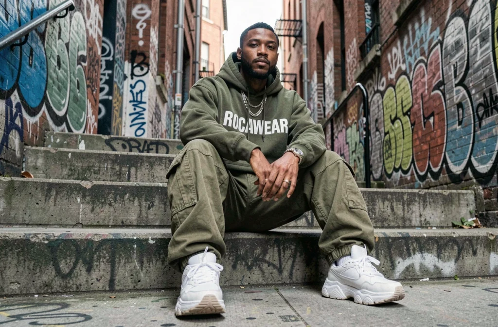Homme en tenue streetwear des années 2000 avec hoodie Rocawear et cargo pants assis sur des escaliers urbains en béton