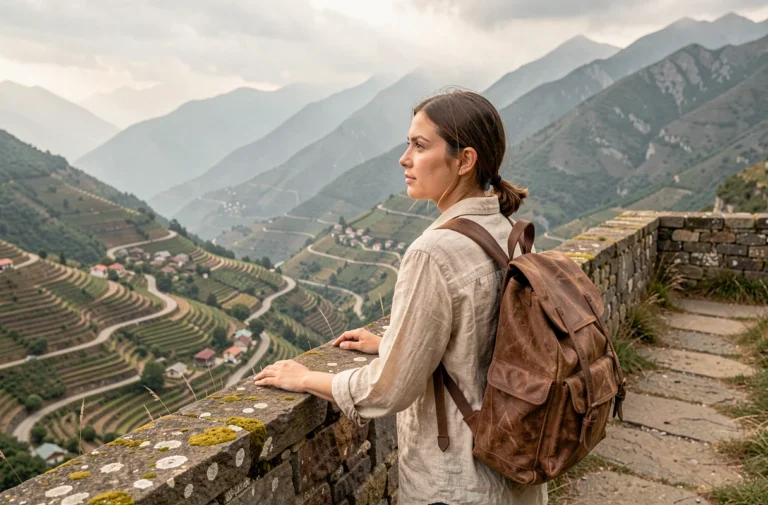 Voyageuse contemplant un panorama de vallée montagneuse depuis un belvédère en pierre