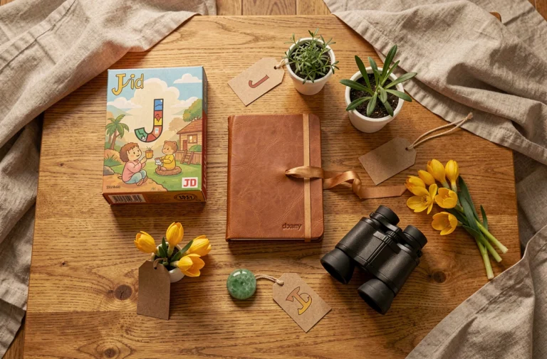 Sélection de cadeaux originaux commençant par la lettre J disposés en flat lay sur une table en bois