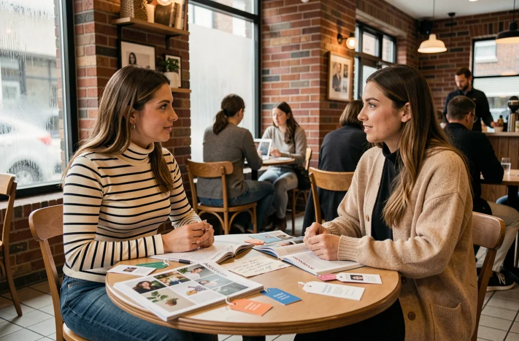 Deux femmes discutant de références de marques variées autour d'une table de café avec catalogues et notes